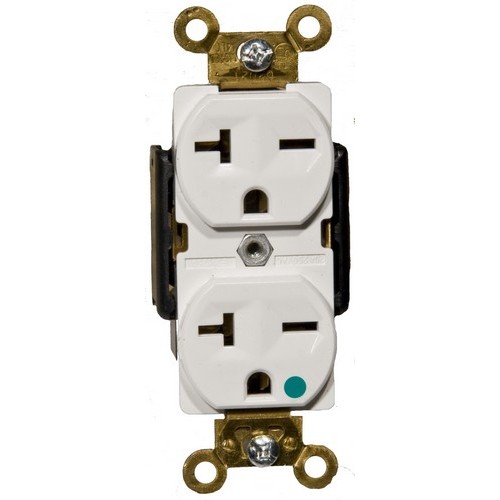Hospital Grade Duplex Receptacle White 20A-250V - This Duplex Receptacle is of Hospital Grade.Hospital Grade Duplex Receptacle White 20A-250V features include:  Hospital Grade Duplex Receptacle can be easily identified by the green dot marking the face of the receptacle 2 pole, 3 wire Back amp; Side wire Shallow design for maximum wiring room Made of GE Lexan Brass Strap Self Grounding Clip Accepts #10 or #14 Stranded or Solid Copper wire Easy Access Green Hex Head Ground Screw Washer-type break-off plaster ear for best flush alignment Captive Tri-Combination mounting screws Large head combination screws for quick wiring Touch Proof Side Barriers UL 94V-2 Flame Rating Temperature Rating: -40deg;F to 167deg;F UL listed Order Qty of 1 = 1 Piece  Below is more info on our Hospital Grade Duplex Receptacle White 20A-250V