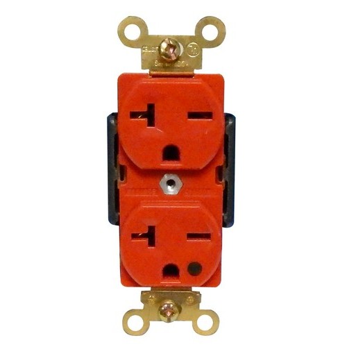 Hospital Grade Duplex Receptacle Red 20A-250V - This Duplex Receptacle is of Hospital Grade.Hospital Grade Duplex Receptacle Red 20A-250V features include:  Hospital Grade Duplex Receptacle can be easily identified by the green dot marking the face of the receptacle 2 pole, 3 wire Back amp; Side wire Shallow design for maximum wiring room Made of GE Lexan Brass Strap Self Grounding Clip Accepts #10 or #14 Stranded or Solid Copper wire Easy Access Green Hex Head Ground Screw Washer-type break-off plaster ear for best flush alignment Captive Tri-Combination mounting screws Large head combination screws for quick wiring Touch Proof Side Barriers UL 94V-2 Flame Rating Temperature Rating: -40deg;F to 167deg;F UL listed Order Qty of 1 = 1 Piece  Below is more info on our Hospital Grade Duplex Receptacle Red 20A-250V