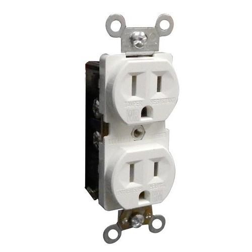 Tamper amp; Weather Resistant Duplex Receptacles 15A 125V White - This Duplex Receptacle is Tamper amp; Weather Resistant.Tamper amp; Weather Resistant Duplex Receptacles 15A 125V White features include:  Clear Visible “WR” marking on Face Built-in Protective Shutter Mechanism Designed to Prevent Insertion of Foreign Objects 2 pole, 3 wire Back amp; Side Wired Accepts #12 or #14 Stranded or Solid Copper Wire(Push-In #14 Solid Only) Made of GE Lexan, Steel Mounting Strap Shallow design for maximum wiring room Easy-access Green Hex-Head Ground Screw  Washer Type Break Off Plaster Ears for best flush alignment UL 94V-2 Flame Rating Large Tri-Combination Head Captive Screws for quick wiring Temperature Rating: -40deg;F to 167deg;F UL listed Complies with 2011 NEC Article 406.9 that states that all receptacles installed in wet  damp locations must be weather resistant. “WR’ designations provide visual identification. Weather Resistant Receptacles offer protection from rain, snow, ice, moisture,  humidity when properly installed in an approved weather protective or while-in-use cover Order Qty of 1 = 1 Piece Below is more info on our Tamper amp; Weather Resistant Duplex Receptacles 15A 125V White