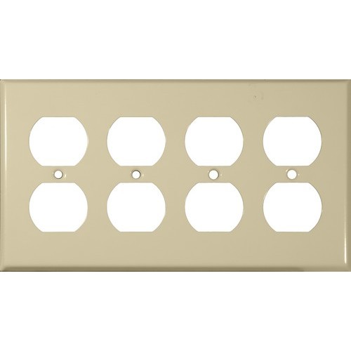 Painted Steel Wall Plates 4 Gang Duplex Receptacle Ivory - The perfect 4 Gang Duplex Receptacle wall Plate for rough environments.Painted Steel Wall Plates 4 Gang Duplex Receptacle Ivory features include:  Painted Steel wall plate provides extended life in abusive and corrosive environments Contoured edges enhance installation appearance Smooth finish without recessed lines is easy to clean and maintain attractive appearance Semi-Gloss surface finish painted on steel UL Listed Order Qty of 1 = 1 Piece  Below is more info on our Painted Steel Wall Plates 4 Gang Duplex Receptacle Ivory