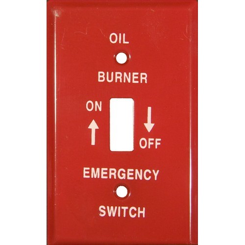 Emergency Metal Switch Plates 1 Gang Oil - Highly visible and durable 1 Gang Metal Switch Plate Cover.Emergency Metal Switch Plates 1 Gang Oil features include:  Wall plate provides extended life in abusive and corrosive environments Metal wall plate is painted red with silk screened white letters UL listed Order Qty of 1 = 1 Piece Below is more info on our Emergency Metal Switch Plates 1 Gang Oil