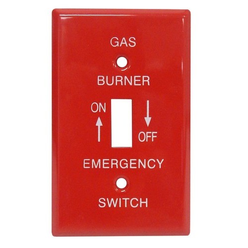 Emergency Metal Switch Plates 1 Gang Gas - Highly visible and durable 1 Gang Metal Switch Plate Cover.Emergency Metal Switch Plates 1 Gang Gas features include:  Wall plate provides extended life in abusive and corrosive environments Metal wall plate is painted red with silk screened white letters UL listed Order Qty of 1 = 1 Piece Below is more info on our Emergency Metal Switch Plates 1 Gang Gas