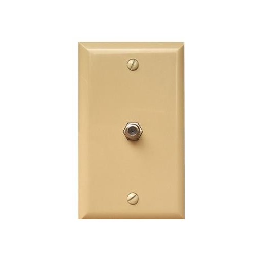 Single F Connector Wallplate Ivory - Standard Cable TV Jack for any application.Single F Connector Wallplate Ivory features include:  Flush Decorative Phone wallplate UL94V-0 Flame Retardant Plastic 50 Micro Inches of Gold Plating Meets FCC Requirements Complies with UL Standard 1863 and Article 800-51 of The National Electrical Code UL/CSA Listed Order Qty of 1 = 1 Piece Below is more info on our Single F Connector Wallplate Ivory