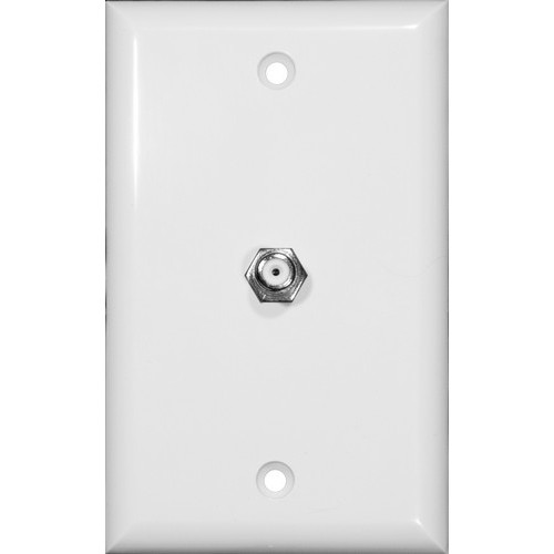 Single F Connector Wallplate White - Standard Cable TV Jack for any application.Single F Connector Wallplate White features include:  Flush Decorative Phone wallplate UL94V-0 Flame Retardant Plastic 50 Micro Inches of Gold Plating Meets FCC Requirements Complies with UL Standard 1863 and Article 800-51 of The National Electrical Code UL/CSA Listed Order Qty of 1 = 1 Piece Below is more info on our Single F Connector Wallplate White