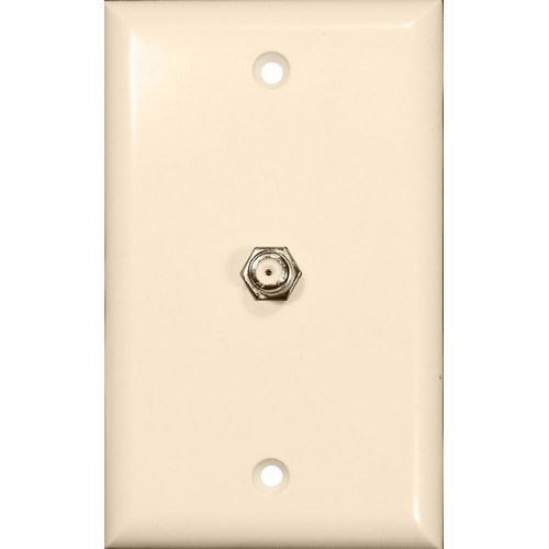 Single F Connector Wallplate Lt. Almond - Standard Cable TV Jack for any application.Single F Connector Wallplate Lt. Almond features include:  Flush Decorative Phone wallplate UL94V-0 Flame Retardant Plastic 50 Micro Inches of Gold Plating Meets FCC Requirements Complies with UL Standard 1863 and Article 800-51 of The National Electrical Code UL/CSA Listed Order Qty of 1 = 1 Piece Below is more info on our Single F Connector Wallplate Lt. Almond