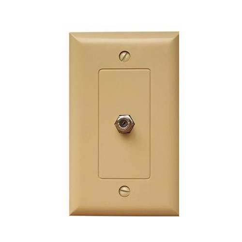 1 Piece Decorator Single F Connector Wallplate Ivory - A one-piece Decorator Coaxial Cable Jack for any home or office.1 Piece Decorator Single F Connector Wallplate Ivory features include:  Flush Decorative Phone wallplate Plate amp; Coaxial Jack are one piece UL94V-0 Flame Retardant Plastic 50 Micro Inches of Gold Plating Meets FCC Requirements Complies with UL Standard 1863 and Article 800-51 of The National Electrical Code UL/CSA Listed Order Qty of 1 = 1 Piece Below is more info on our 1 Piece Decorator Single F Connector Wallplate Ivory