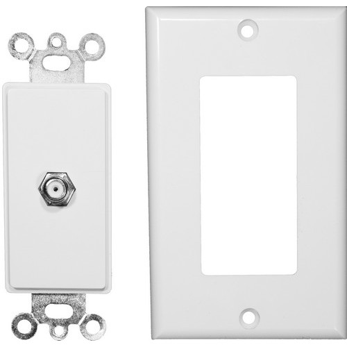 2 Piece Decorative Single F Connector Wallplate White - This 2 Piece Coaxial Cable Jack is flame retardant and highly durable.2 Piece Decorative Single F Connector Wallplate White features include:  Flush Decorative Phone wallplate Plate amp; Jack are two separate pieces UL94V-0 Flame Retardant Plastic 50 Micro Inches of Gold Plating Meets FCC Requirements Complies with UL Standard 1863 and Article 800-51 of The National Electrical Code UL/CSA Listed Order Qty of 1 = 1 Piece Below is more info on our 2 Piece Decorative Single F Connector Wallplate White
