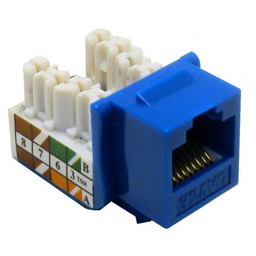 Cat5E (RJ45) Unshielded Keystone Jacks Blue - A color-coded Cat5E Keystone Jack for multiple applications.Cat5E (RJ45) Unshielded Keystone Jacks Blue features include:  Use Cat5E Keystone Jack for Voice or Data Networks Complies with TIA/EIA-568-C-2, ISO 1801 2nd Edition Class E, NEC Article 800 100 Mhz Bandwidth 1000 Mbps (1 Gbps) Data Transmission Rate 110 punch down amp; Krone Type Termination 8 Conductor 22-26 Awg Solid amp; Stranded wire Conforms to TIA/EIA 568A amp; 568B Wiring Color Codes Contacts have 50u Gold Plating Flammability Rating: UL94V-0 Punch Down Tool Needed UL Listed Order Qty of 1 = 1 Piece Below is more info on our Cat5E (RJ45) Unshielded Keystone Jacks Blue