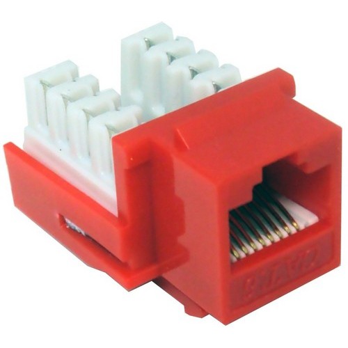 Cat6 (RJ45) Unshielded Keystone Jacks Red - A color-coded Cat6 Keystone Jack for Datacommunications applications.Cat6 (RJ45) Unshielded Keystone Jacks Red features include:  Use Cat6 Keystone Jack for High Speed Datacommunications Applications CAT6 components provide better insertion loss, return loss  NEXT  FEXT characteristics, resulting in higher signal to loss ratios and a more reliable network Complies with TIA/EIA-568-C-2, ISO 1801 2nd Edition Class E, NEC Article 800 250 Mhz Bandwidth 10,000 Mbps (10 Gbps) Data Transmission Rate 110 punch down amp; Krone Type Termination 8 Conductor 22-26 Awg Solid amp; Stranded wire Conforms to TIA/EIA 568A amp; 568B Wiring Color Codes Contacts have 50u Gold Plating Flammability Rating: UL94V-0 Punch Down Tool Needed UL Listed Order Qty of 1 = 1 Piece Below is more info on our Cat6 (RJ45) Unshielded Keystone Jacks Red