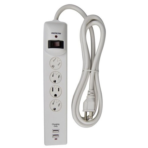 4 Outlet Surge Strip with Two 2.1A USB Charging Ports - A compact 4 Outlet Surge Strip for home or office.4 Outlet Surge Strip with Two 2.1A USB Charging Ports features include:  4 Outlet Surge Strip with Two 2.1A USB Charging Ports Provides surge protection for USB and electrical devices Tamper Resistant rotating safety covers for all outlets 15A 120V 60 Hz Lit Reset/Off switch over current protection Surge Dissipation: 800 Joules Clamping Voltage: 500V L-N, N-G, L-G Max Surge Voltage: 6,000V Max Current Spike: 30,000A 3-Line Surge Protection EMI/RFI Filtering UL 1449 UL/cUL Listed Order Qty of 1 = 1 Piece Below is more info on our 4 Outlet Surge Strip with Two 2.1A USB Charging Ports