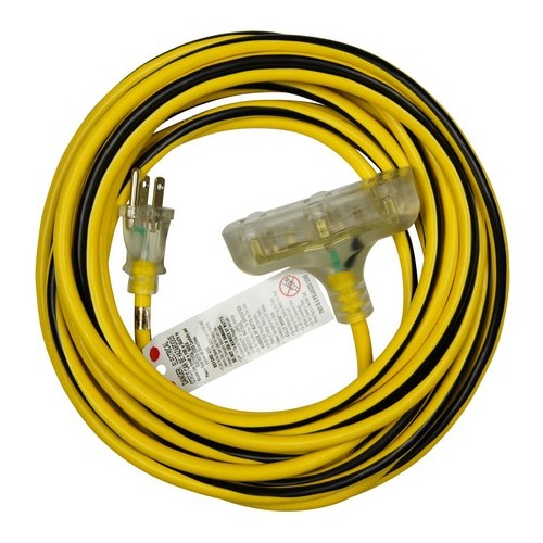 Outdoor Extension Cord 12/3 50ft - WeatherProof Extension Cords feature durable 12 Gauge Cords with Lit Tri-Tap Female Block Ends.Outdoor Extension Cord 12/3 50ft features include:  Hi-Vis Yellow cord with Black stripe Outdoor Rated Polarized Tri-Tap Extension Cords Clear Ends with Tri-Tap Female Block Features a Power Indicator Light in the female receptacleJacket Compound is more flexible and abrasion resistant at any temperature than standard vinyl compounds 5-15P, 5-15RGrounded Flexible to -40deg;F 12/3 SJTW Wire Type 125 Volt cULus listed Order Qty of 1 = 1 Piece Below is more info on our Outdoor Extension Cord 12/3 50ft