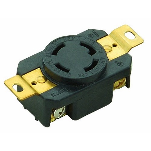 Twist Lock Wall Mount Receptacles - 3 Pole 4 Wire 30A 125/250V - Our Twist Lock Wall Mount Receptacles are Excellent for a wide range of Equipment Power Applications.Twist Lock Wall Mount Receptacles - 3 Pole 4 Wire 30A 125/250V features include:  Flush mount design Rugged Phenolic cover with PBT(Polybutylene Terephthalate) base construction resists impact, abrasion, sunlight  chemicals All contacts are solid one-piece Brass for superior conductivity and reduced heat rise Heavy duty power contacts set in deep pockets to resist damage Heavy duty Brass combo head terminal screws Includes grounding screw cULus Listed Order Qty of 1 = 1 Piece Below is more info on our Twist Lock Wall Mount Receptacles - 3 Pole 4 Wire 30A 125/250V