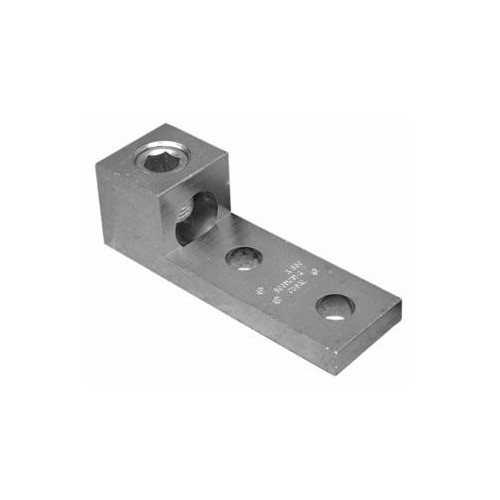 Aluminum Mechanical Lugs One Conductor - Two Hole Mount 800MCM-300 MCM - This 1 Conductor Two Hole Aluminum Mechanical Lug resists corrosion.Aluminum Mechanical Lugs One Conductor - Two Hole Mount 800MCM-300 MCM features include:  Aluminum Mechanical Lug manufactured from high strength 6061-T6 Aluminum Alloy to insure both maximum strength and conductivityAL9CU Dual Rated for both Copper and Aluminum Conductors Electro-tin plated to provide low contact resistance and protection against corrosion Assembly can be made with only a screwdriver or allen wrench and they are re-usable NEMA Standard Mounting Hole Drilling 1-3/4 Centers Rated 600V 194deg;F (90deg;C) Conductor lug is UL486B/CSA Listed Dimension Measurements = Inches Order Qty of 1 = 1 Piece Below is more info on our Aluminum Mechanical Lugs One Conductor - Two Hole Mount 800MCM-300 MCM