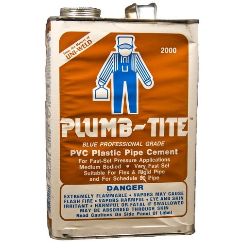 Gallon Plumb-Tite 2000 Wet Application Blue Cements - Blue PVC Cement for wet conditions and fast installation.Gallon Plumb-Tite 2000 Wet Application Blue Cements features include: Medium Bodied Blue colored Cement for PVC pipe and fittings up to 6&rdquo: dia. Sch. 40 and Sch. 80 Very fast setting cement formulated for wet conditions and/or quick pressurization and fast installation Blue Cement fades to clear in sunlight Recommended application temperature 40 deg to 110 degF Also for use on EMT Conduit Low-Voc Compliant Meets ASTM-D2564 Order Qty of 1 = 1 Piece Spec SheetMSDS :Below is more info on our Gallon Plumb-Tite 2000 Wet Application Blue Cements