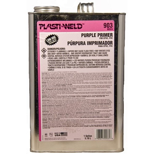 Gallon Purple Primers 903 Series - Fast-acting Purple PVC Primer for PVC pipe and fittings.Gallon Purple Primers 903 Series features include: Purple-Tinted Aggressive Primer for use on PVC pipe and fittings Can be used with all schedules and diameters of pipe Softens the pipe surface to allow a fast, secure solvent weld Low-Voc Compliant Meets NSF standards where required or specified Order Qty of 1 = 1 Piece Spec SheetMSDS :Below is more info on our Gallon Purple Primers 903 Series