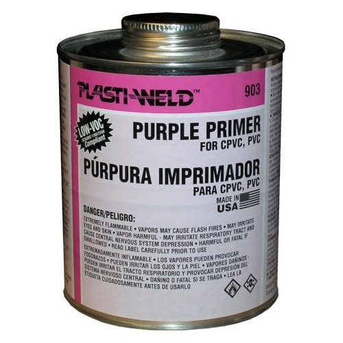 Quart Purple Primers 903 Series - Fast-acting Purple PVC Primer for PVC pipe and fittings.Quart Purple Primers 903 Series features include: Purple-Tinted Aggressive Primer for use on PVC pipe and fittings Can be used with all schedules and diameters of pipe Softens the pipe surface to allow a fast, secure solvent weld Low-Voc Compliant Meets NSF standards where required or specified Order Qty of 1 = 1 Piece Spec SheetMSDS :Below is more info on our Quart Purple Primers 903 Series