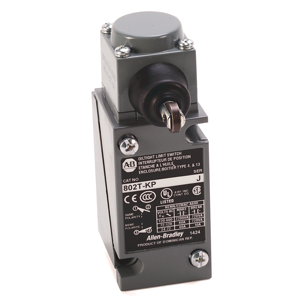 Product image for Allen-Bradley 802T-KTP1 NEMA Type 4/13 Oiltight Construction 4 Circuit Side Push Roller Vertical Head Only Limit Switch