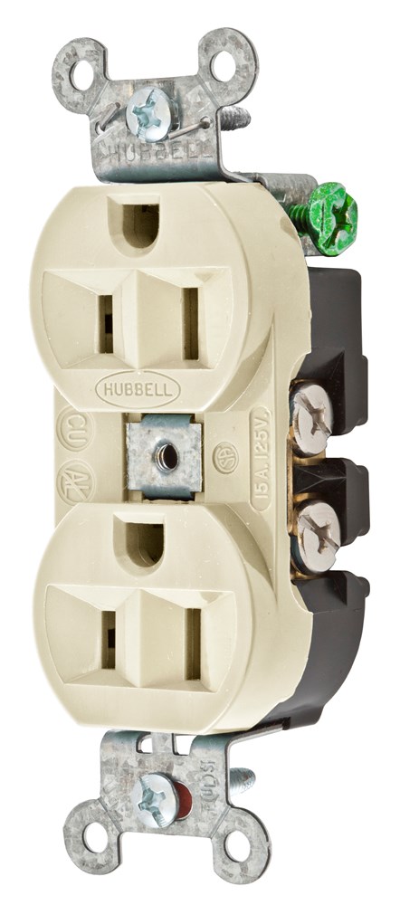Product image for Hubbell 5262AL Receptacle, DUP SB, HUBPRO, 15A 125V, FG, AL