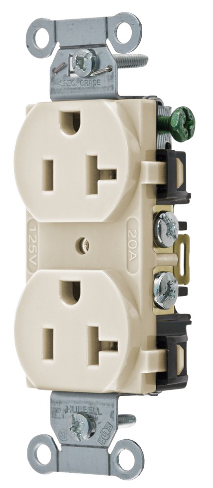 Product image for Hubbell BR20AL Receptacle, DUP SB, COM GRD, 20A 125V, B/S, AL