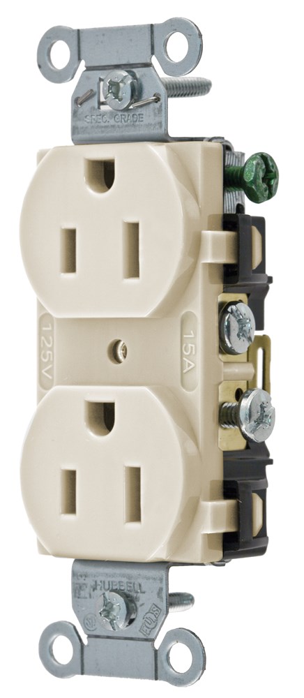 Product image for Hubbell CR15-ALDUP Duplex Receptacle, Commercial Grade, Side Wire only, 15A 125V - Almond