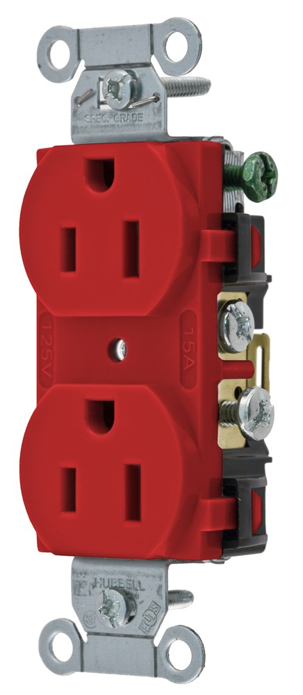 Product image for Hubbell CR15-RDUP Duplex Receptacle, Commercial Grade, Side Wire only, 15A 125V - Red