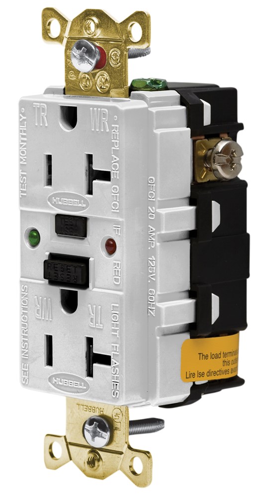 Product image for Hubbell GFR5362SGW 20 Amp 125 Volt 2-Pole 3-Wire NEMA 5-20R White GFCI Receptacle with LED Indicator