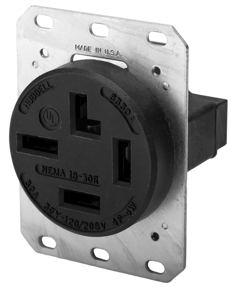 Product image for Hubbell HBL8330A 30 Amp 120/208 VAC 4-Pole 4-Wire NEMA 18-30R Black Single Straight Blade Receptacle