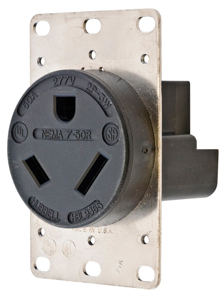 Product image for Hubbell HBL9365 50 Amp 277 Volt 2-Pole 3-Wire NEMA 7-50R Black Straight Blade Receptacle