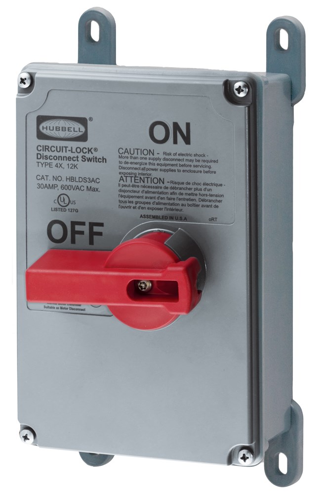 Product image for Hubbell HBLDS3AC2 30 Amp 3-Phase 3-Pole NEMA 4X Non-Metallic Unfused Disconnect Switch Enclosure