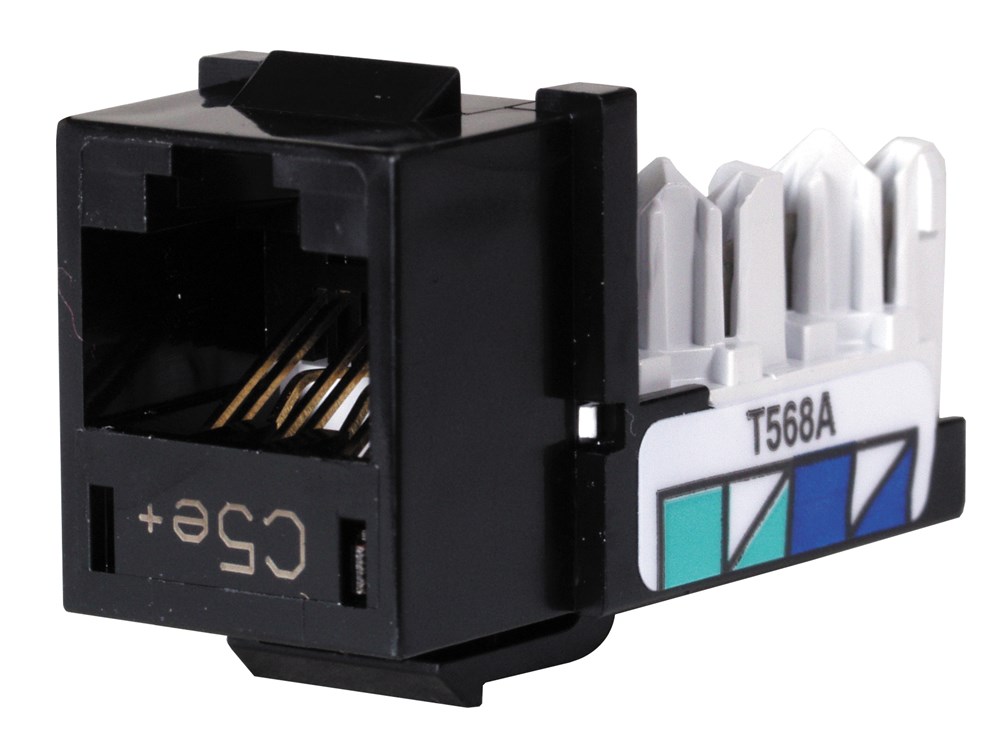 Product image for Hubbell Wiring Devices HXJ5EBK25 8-Position Black T568A/T568B Category 5E Modular Keystone Jack