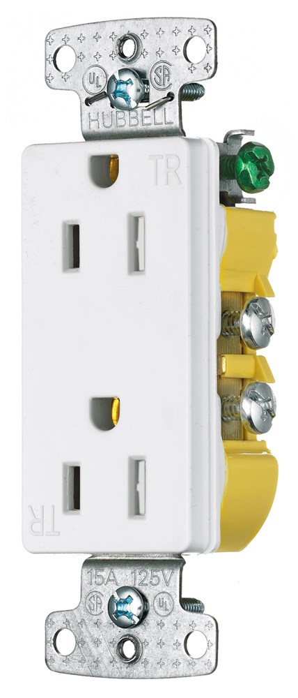 Product image for Hubbell RRD15SWTR 15 Amp 125 Volt 2-Pole 3-Wire NEMA 5-15R White Decorator Duplex Receptacle