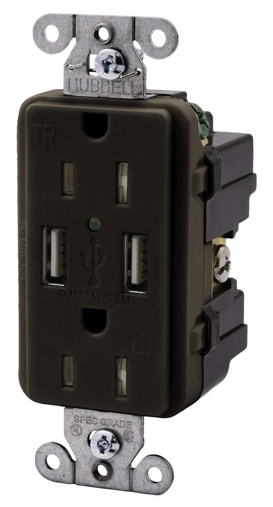 Product image for Hubbell USB15X2 USB Charger / Tamper-Resistant Receptacle, Two USB Type 2.0 Ports 3 Amp, 5VDC, 15 Amp, 125VAC Decorator Duplex - Brown