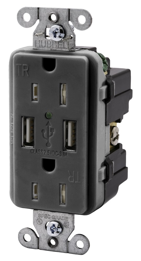 Product image for Hubbell USB15X2-GY USB Charger / Tamper-Resistant Receptacle, Two USB Type 2.0 Ports 3 Amp, 5VDC, 15 Amp, 125VAC Decorator Duplex - Gray