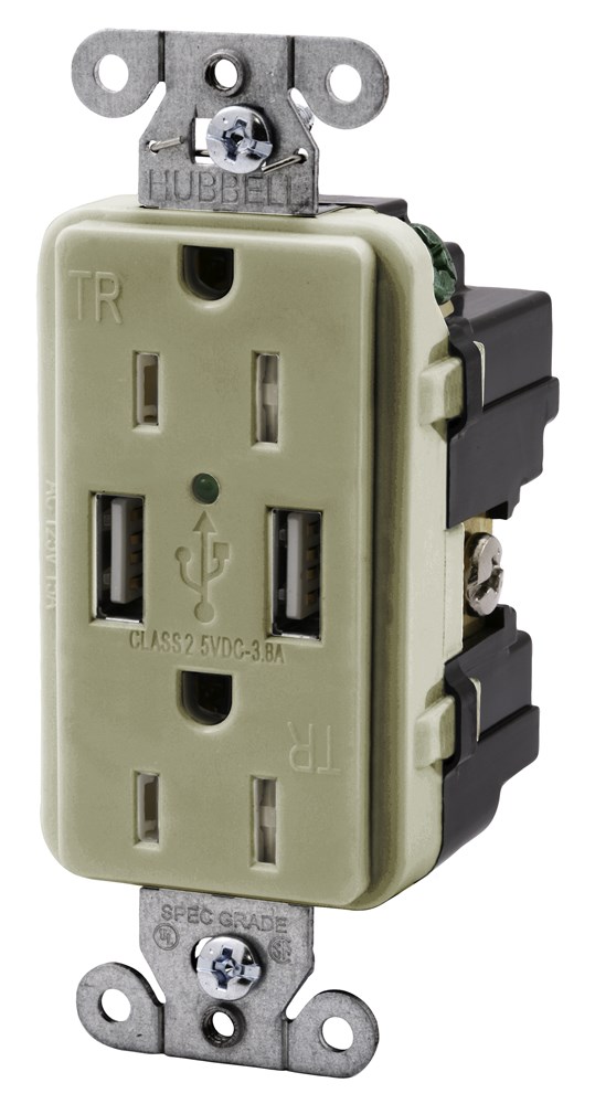 Product image for Hubbell USB15X2-I USB Charger / Tamper-Resistant Receptacle, Two USB Type 2.0 Ports 3 Amp, 5VDC, 15 Amp, 125VAC Decorator Duplex - Ivory