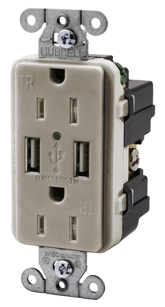 Product image for Hubbell USB15X2-LA USB Charger / Tamper-Resistant Receptacle, Two USB Type 2.0 Ports 3 Amp, 5VDC, 15 Amp, 125VAC Decorator Duplex - Light Almond