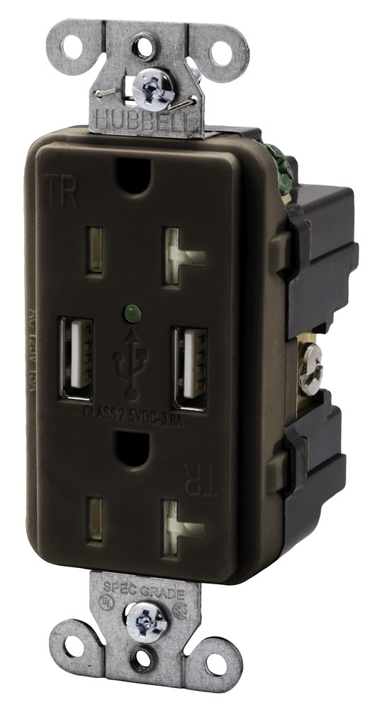 Product image for Hubbell USB20X2 USB Charger / Tamper-Resistant Receptacle, Two USB Type 2.0 Ports 3 Amp, 5VDC, 20 Amp, 125VAC Decorator Duplex - Brown