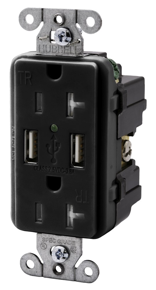 Product image for Hubbell USB20X2-BK USB Charger / Tamper-Resistant Receptacle, Two USB Type 2.0 Ports 3 Amp, 5VDC, 20 Amp, 125VAC Decorator Duplex - Black