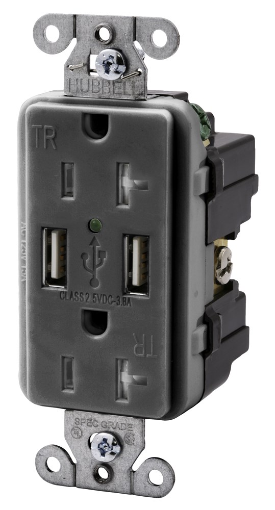 Product image for Hubbell USB20X2-GY USB Charger / Tamper-Resistant Receptacle, Two USB Type 2.0 Ports 3 Amp, 5VDC, 20 Amp, 125VAC Decorator Duplex - Gray
