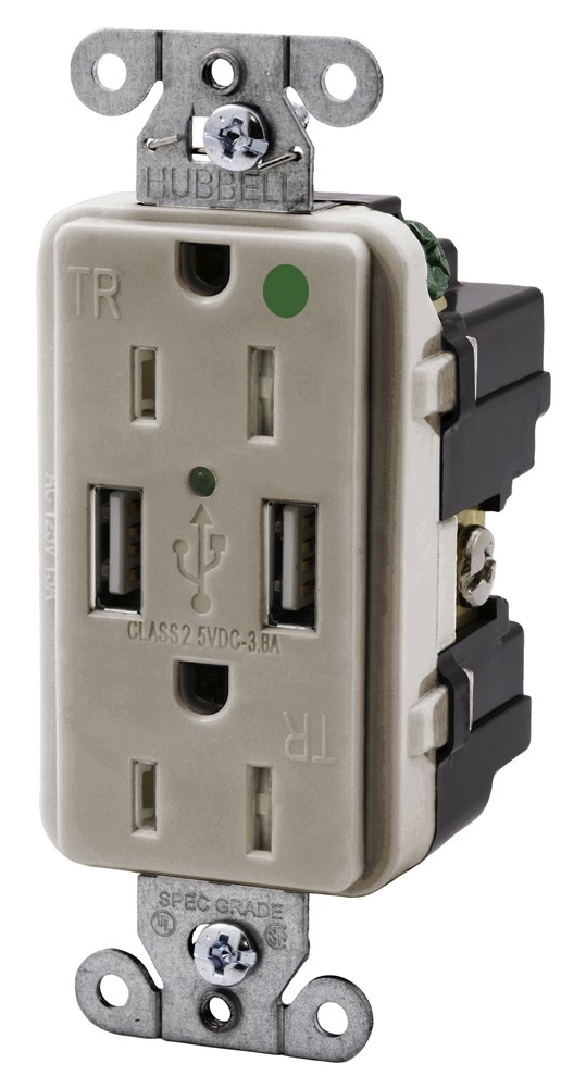 Product image for Hubbell USB8200-LA USB Charger / Tamper-Resistant Hospital-Grade Receptacle, Two USB Type 2.0 Ports 3 Amp, 5 Volt DC, 15 Amp, 125 Volt AC Decorator Duplex, Light Almond