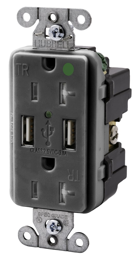 Product image for Hubbell USB8300-GY USB Charger / Tamper-Resistant Hospital-Grade Receptacle, Two USB Type 2.0 Ports 3 Amp, 5 Volt DC, 20 Amp, 125 Volt AC Decorator Duplex, Gray