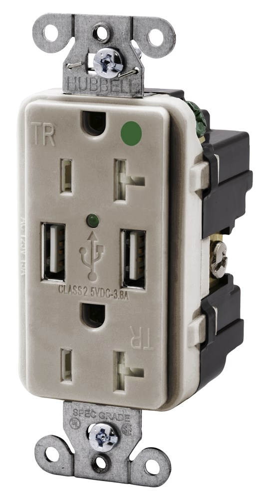 Product image for Hubbell USB8300-LA USB Charger / Tamper-Resistant Hospital-Grade Receptacle, Two USB Type 2.0 Ports 3 Amp, 5 Volt DC, 20 Amp, 125 Volt AC Decorator Duplex, Light Almond