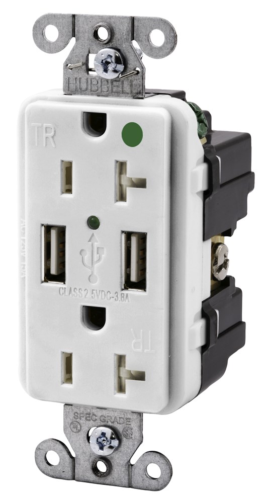 Product image for Hubbell USB8300-W USB Charger / Tamper-Resistant Hospital-Grade Receptacle, Two USB Type 2.0 Ports 3 Amp, 5 Volt DC, 20 Amp, 125 Volt AC Decorator Duplex, White