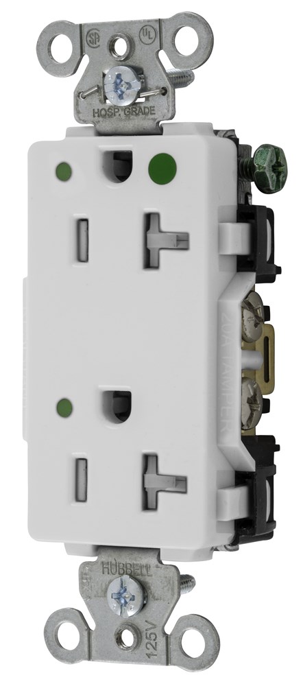 Product image for Hubbell 2182WLTRA Straight Blade Device, Tamper Resistant Decorator Duplex Receptacle, Hospital Grade, Hubbell-Pro, LED Indicator, 20A 125V, 2-Pole 3-Wire Grounding, 5-20R, White