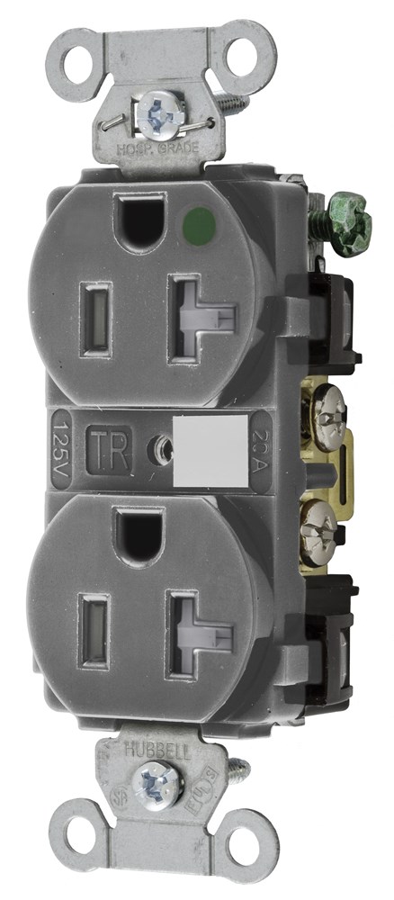 Product image for Hubbell 8300GYTRA Straight Blade Device, Tamper Resistant Duplex Receptacle, Hospital Grade, Hubbell-Pro, 20A 125V, 2-Pole 3- WireGrounding, 5-20R, Gray