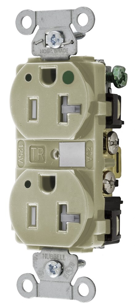 Product image for Hubbell 8300IVLTRA Straight Blade Device, Tamper Resistant Duplex Receptacle, Hospital Grade, Hubbell-Pro, LED Indicator, 20A 125V, 2-Pole 3-Wire Grounding, 5-20R, Ivory