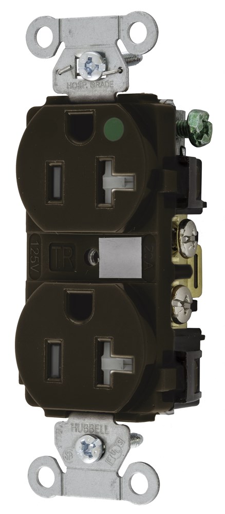 Product image for Hubbell 8300TRA Straight Blade Device, Tamper Resistant Duplex Receptacle, Hospital Grade, Hubbell-Pro, 20A 125V, 2-Pole 3- WireGrounding, 5-20R, Brown