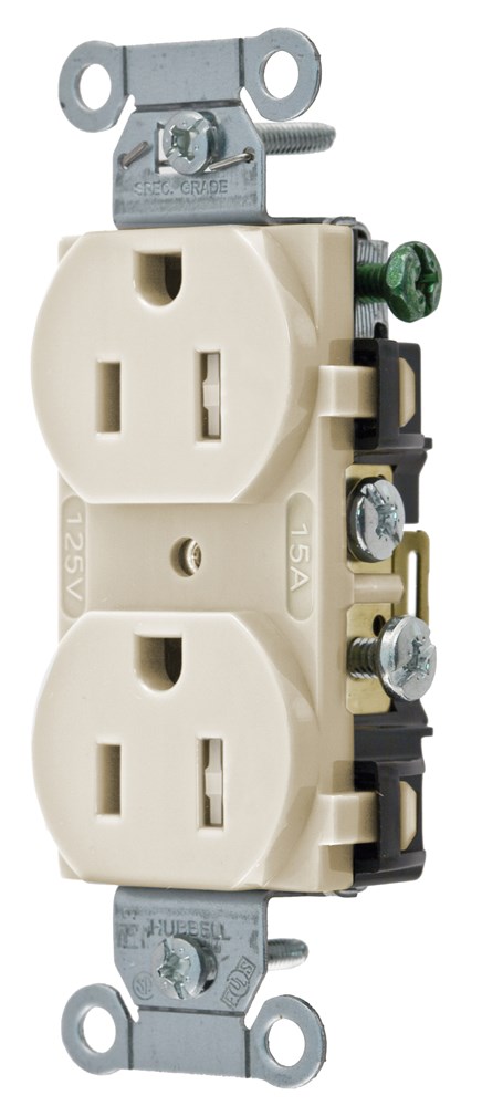 Product image for Hubbell CR15-ALTR Tamper Resistant Duplex Receptacle, Commercial Grade, 15A 125V - Almond