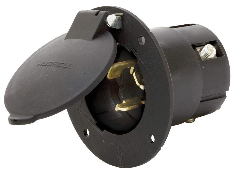 Locking Devices, Covered Flanged Inlet, 50A 125/250V, 3-Pole 4-Wire Grounding, Black, Bulk Packed