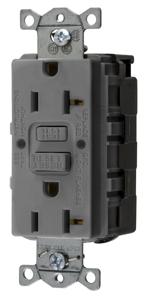 Straght Blade Devices, SNAP-Connect, AUTOGUARD, Self Test, GFCI Receptacle, 20A 125V, 2-Pole 3-Wire Grounding, 5-20R, Gray