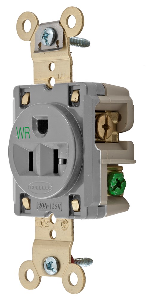 Product image for Hubbell HBL5361GRYWR WR Receptacle, SING, SB, HD, 20A 125V, GY